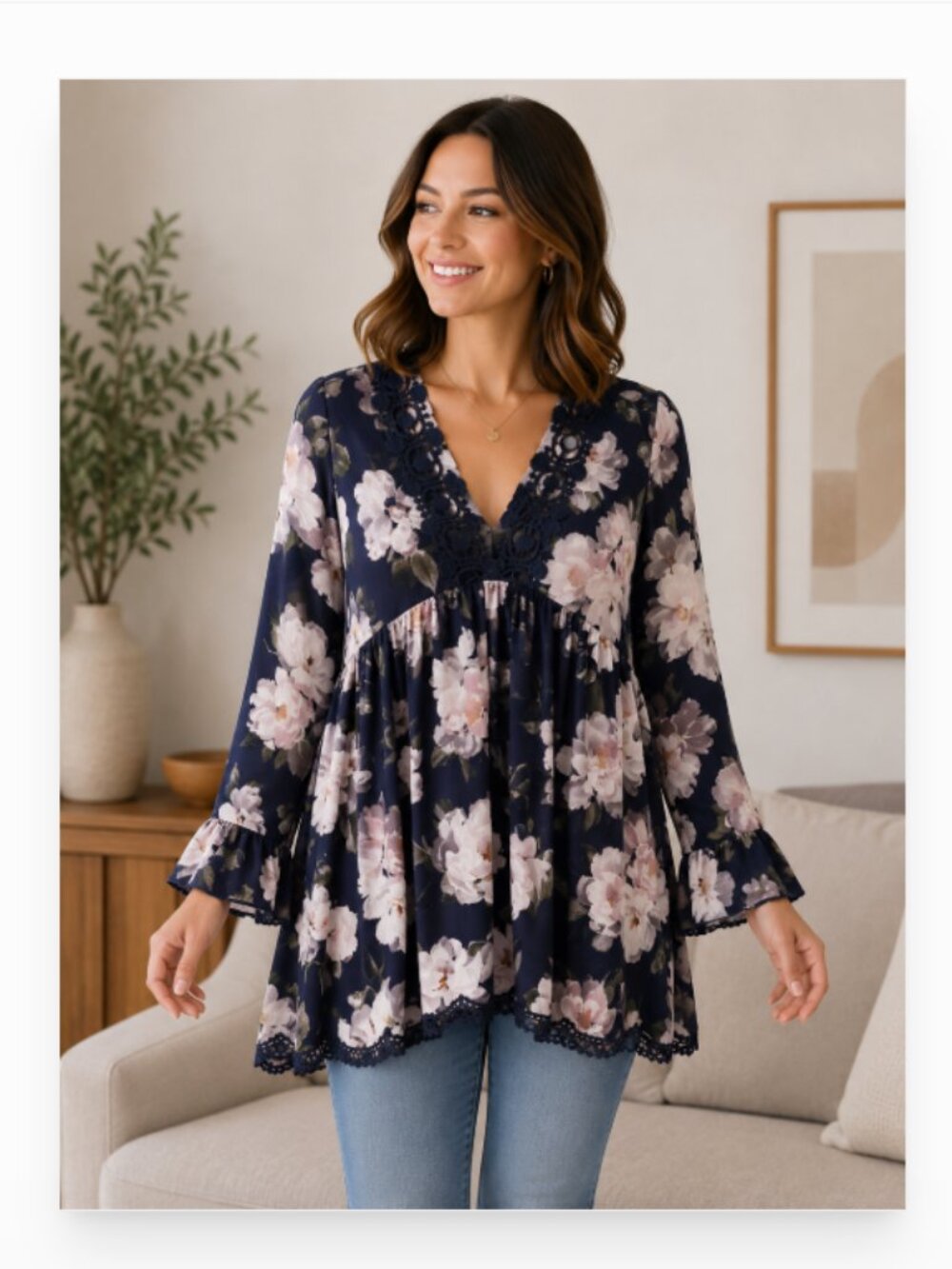 Jodifl EUC size M large floral ruffle sleeve babydoll mini dress tunic blouse
